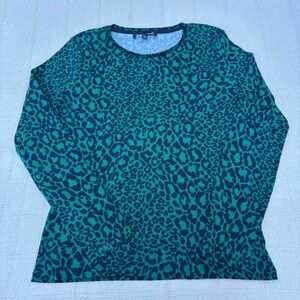 Women's PM Green Navy Blue Leopard Animal Print Ribbed Long Sleeve Cotton Top